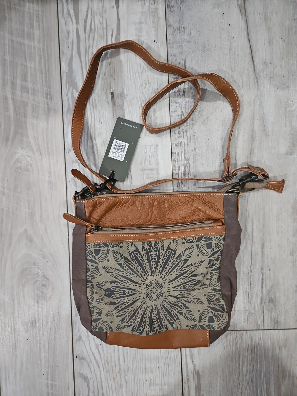 Tan and Gray Crossbody Tote Bag with Patterned Front Panel